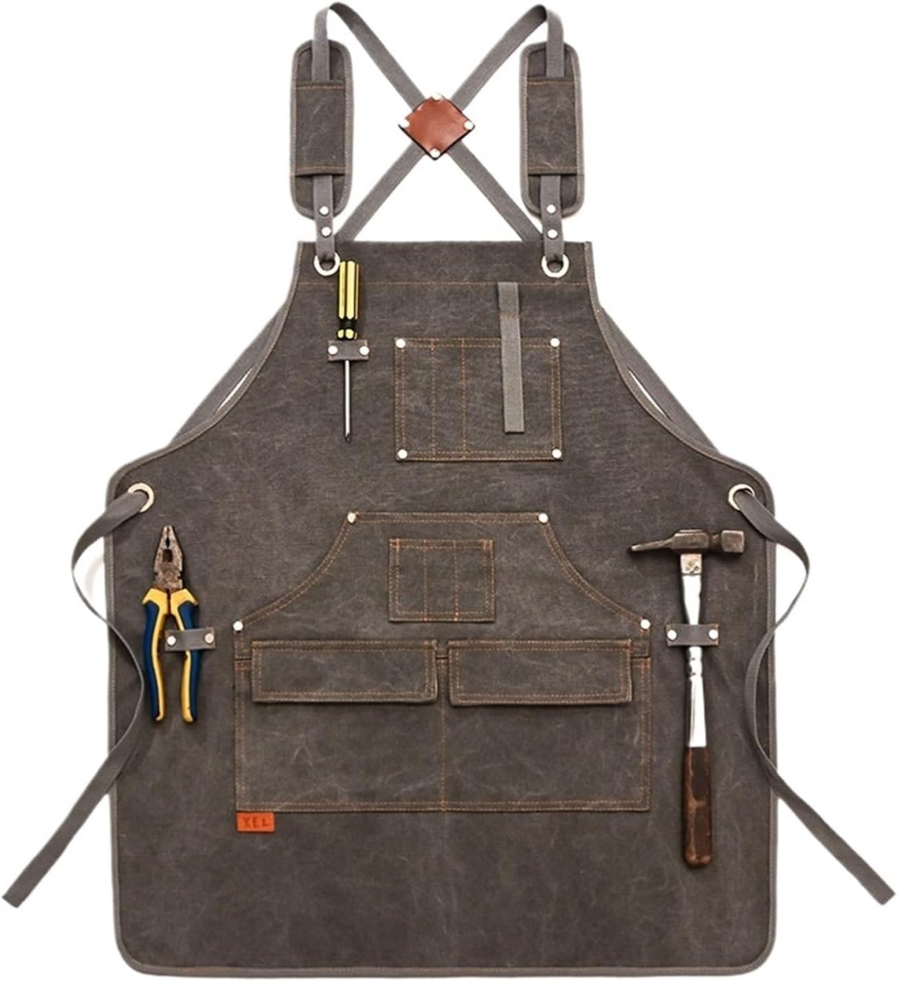 [QPSLIDH] 耐久性のある作業用エプロン。ツールポケット付き。木工塗装用の調節可能なクロスバックストラップ。(Grey)