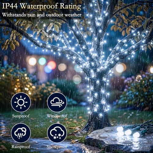 Image of 132FT 400 LED White Fairy Lights, Dark Green Wire 8 Modes Timer, IP44 Waterproof Outdoor Indoor String Lights for Patio Garden Backyard Bedroom Classroom Weeding Christmas Decor