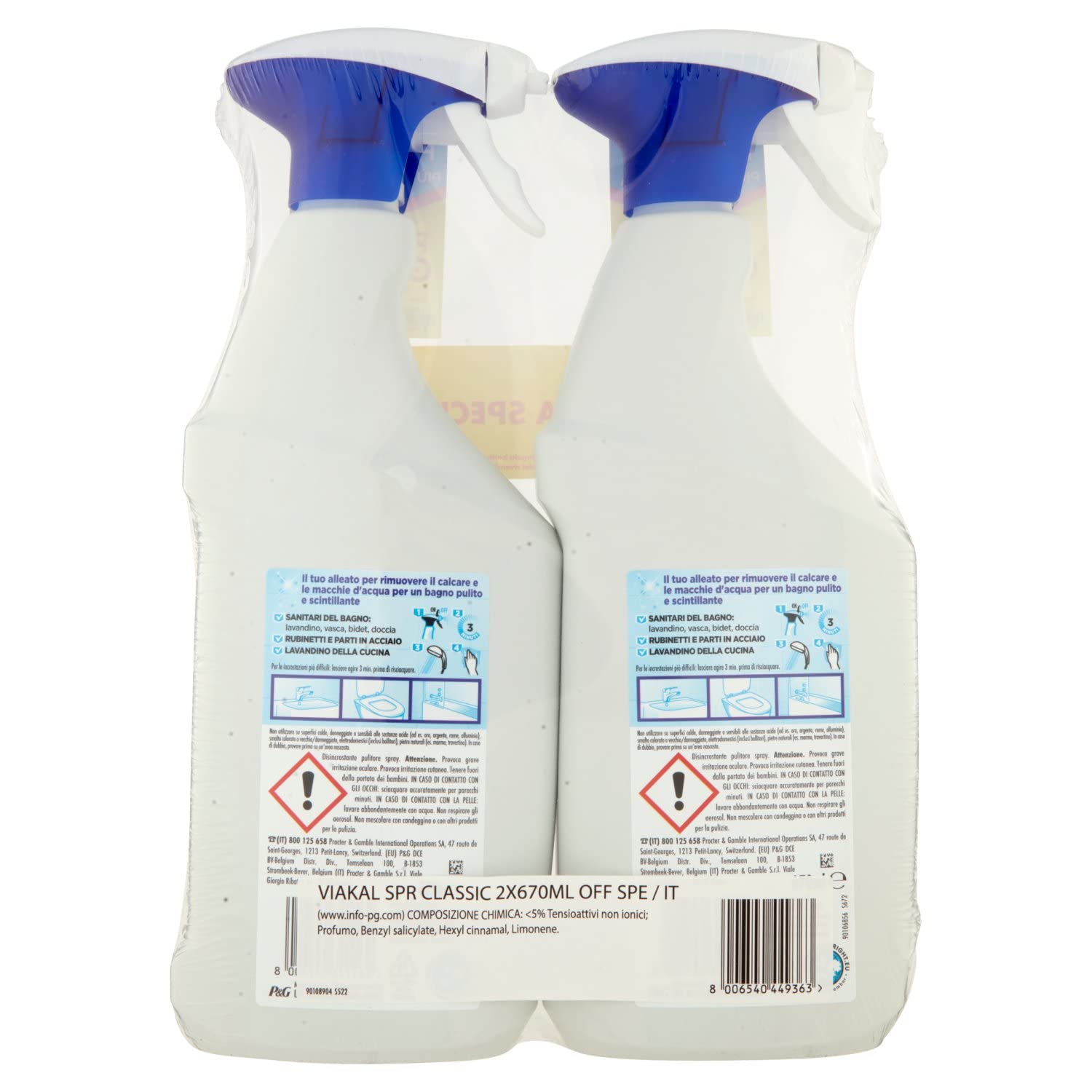 Viakal Clásico baño antical Spray, 2 paquetes de 670 ml, tecnología antigoteo, elimina hasta el 100% de cal, combate los malos olores, formato cómodo