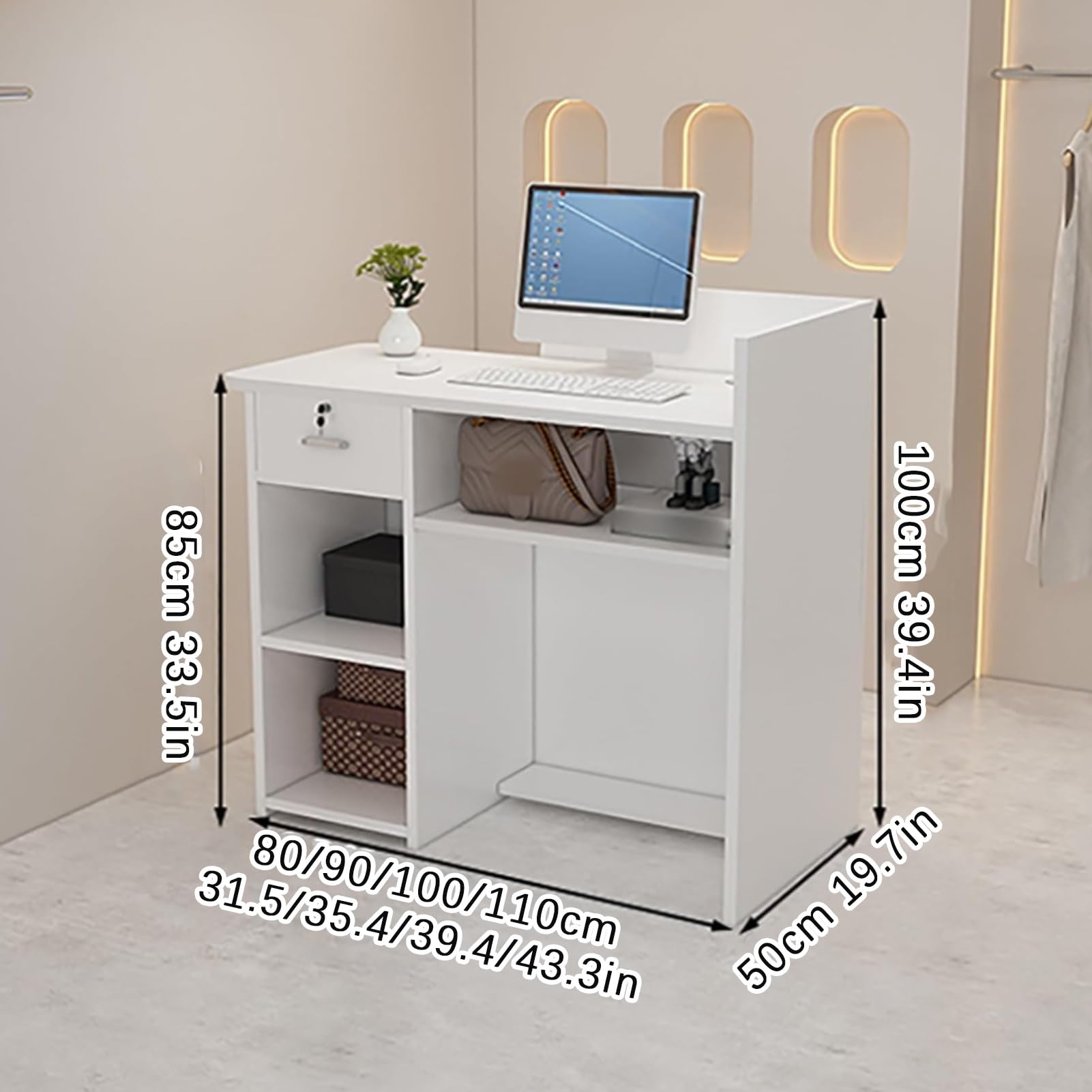 Moderno banco reception con cassetti chiudibili – Elegante reception per supermercati, hotel, negozi di abbigliamento e negozi di tè al latte (modulo D 100 cm) – soluzione funzionale per spazi di