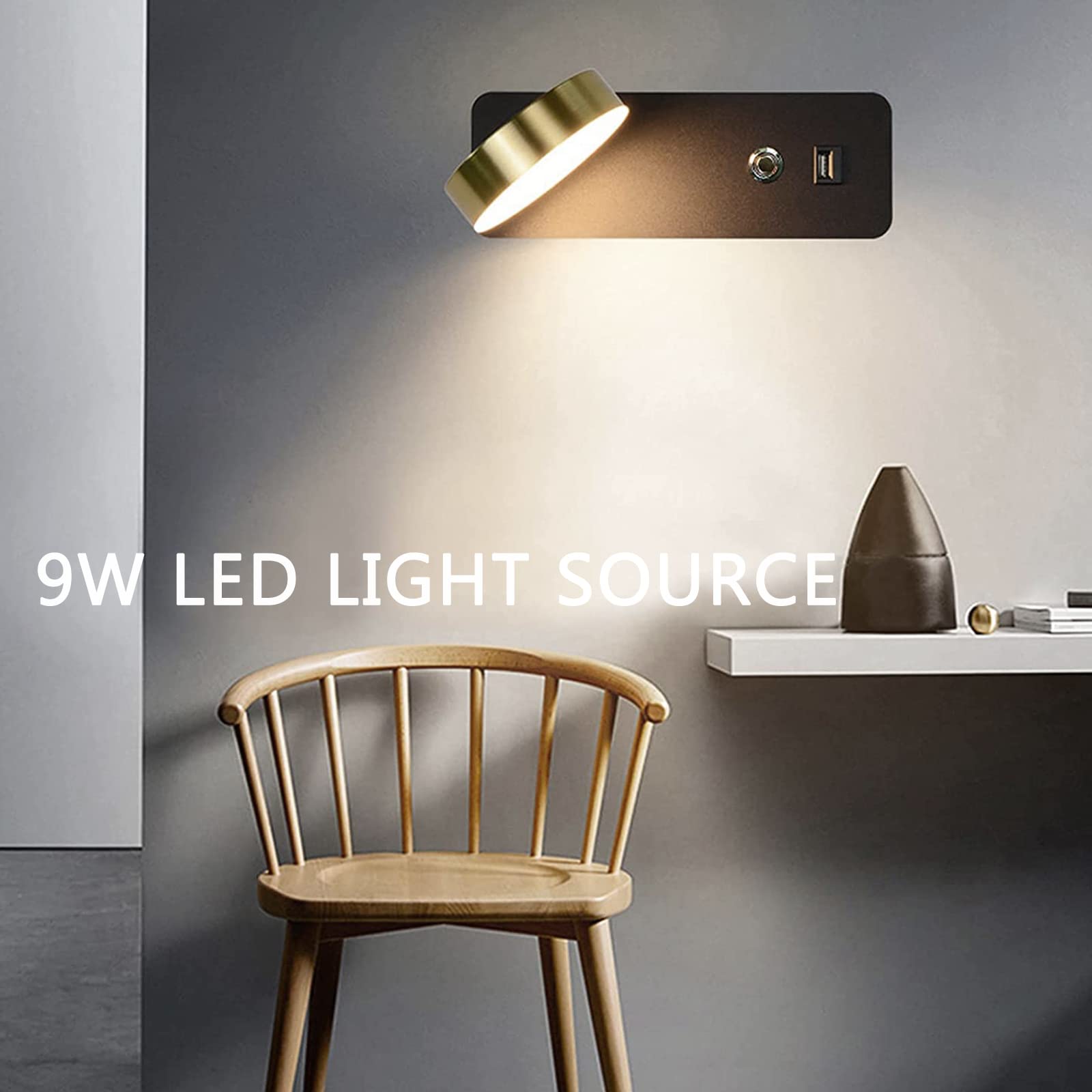 Nowoczesna lampa ścienna LED z portem USB do sypialni, salonu, hotelu, pokoju dziecięcego, biała 3000 K