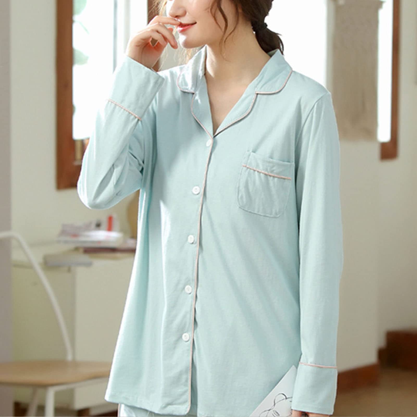 Ensemble Pyjama 3 PièCes pour Femme Tenues d'allaitement De Maternité en Coton à Manches Longues VêTements De Nuit De Grossesse Doux Et Confortables (Vert,L)