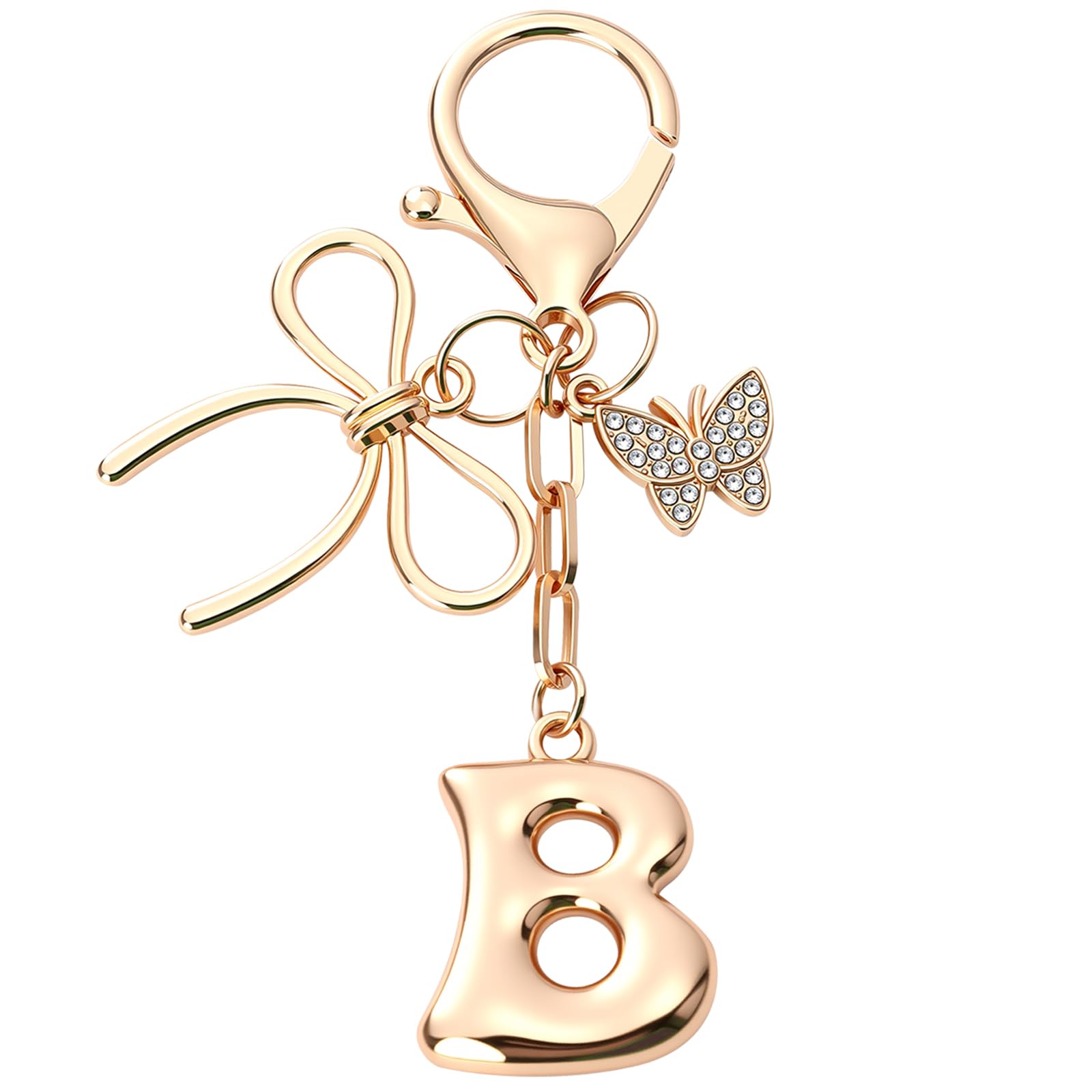 Sylixonae Bubble Initial Keychain with Bow & Butterfly - Gold Letter Bag Charms for Women, Cute Purse Handbag Accessories