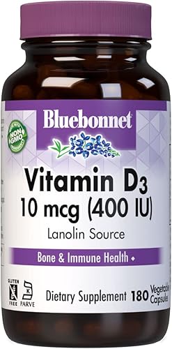 BlueBonnet Nutrition Vitamina D3 400 UI - Cápsula vegetal, ayuda en el crecimiento muscular y esquelético, colecalciferol de lanolina, sin OMG, sin