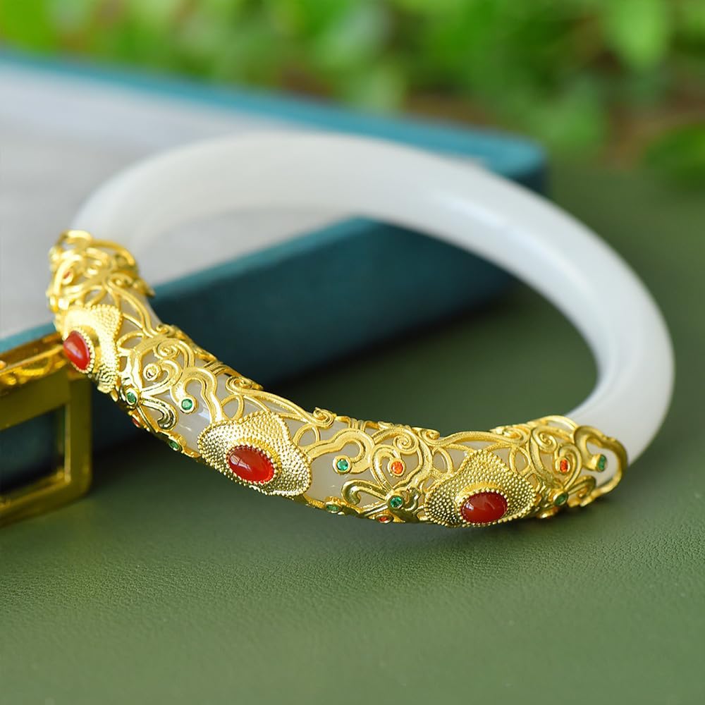 Pulsera de Brazalete de Jade Blanca para Mujeres Buena Suerte Mujer de Brazalete Rojo Rhinestones Decorados de Oro Antiguo Diseño de Incrustaciones Jade Stone Pulsera (de Piedra Jade35,58-59)