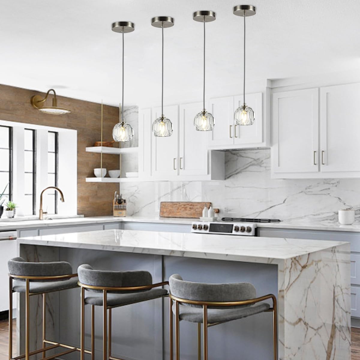 Modern Crystal Pendant Light, Brushed Nickel Single Pendant Light Fixture, Small Crystal Kitchen Island Hanging Lighting for Dining Room Bathroom