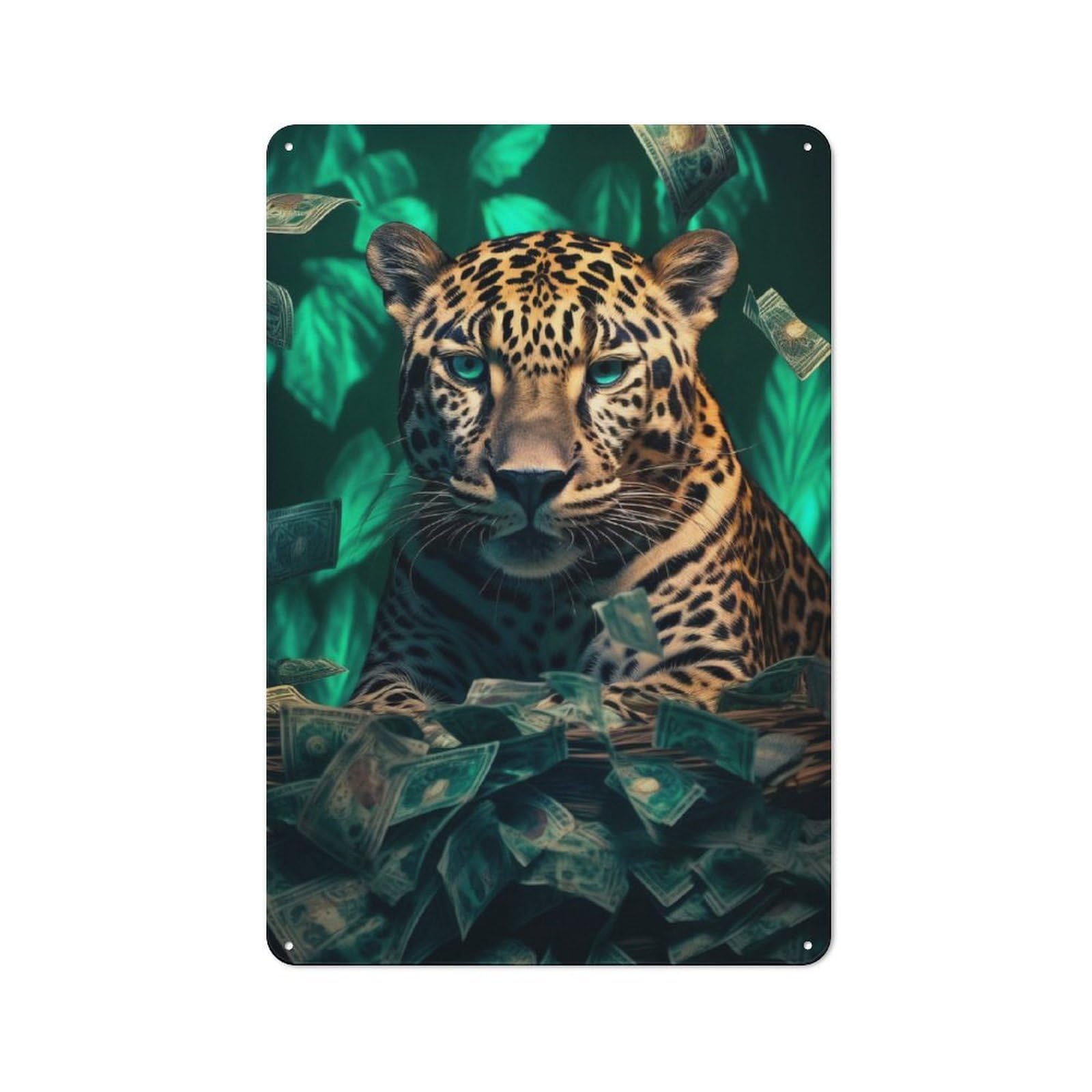 Junmoney Rich Leopard Green Money Printed Metal Sign 30X20cm For Hobby Room Or Studio, For Creative Interior Collectors