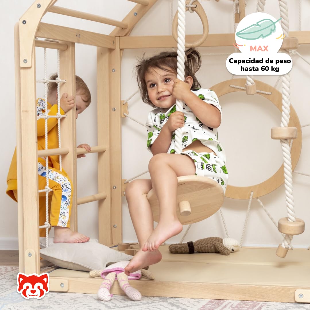 Woodandhearts Gimnasio Montessori de Madera para Bebés – Parque Infantil con Tobogán, Columpio, Rampa, Escalera y Rocódromo – Juego de Escalada y Centro de Actividades Montessori