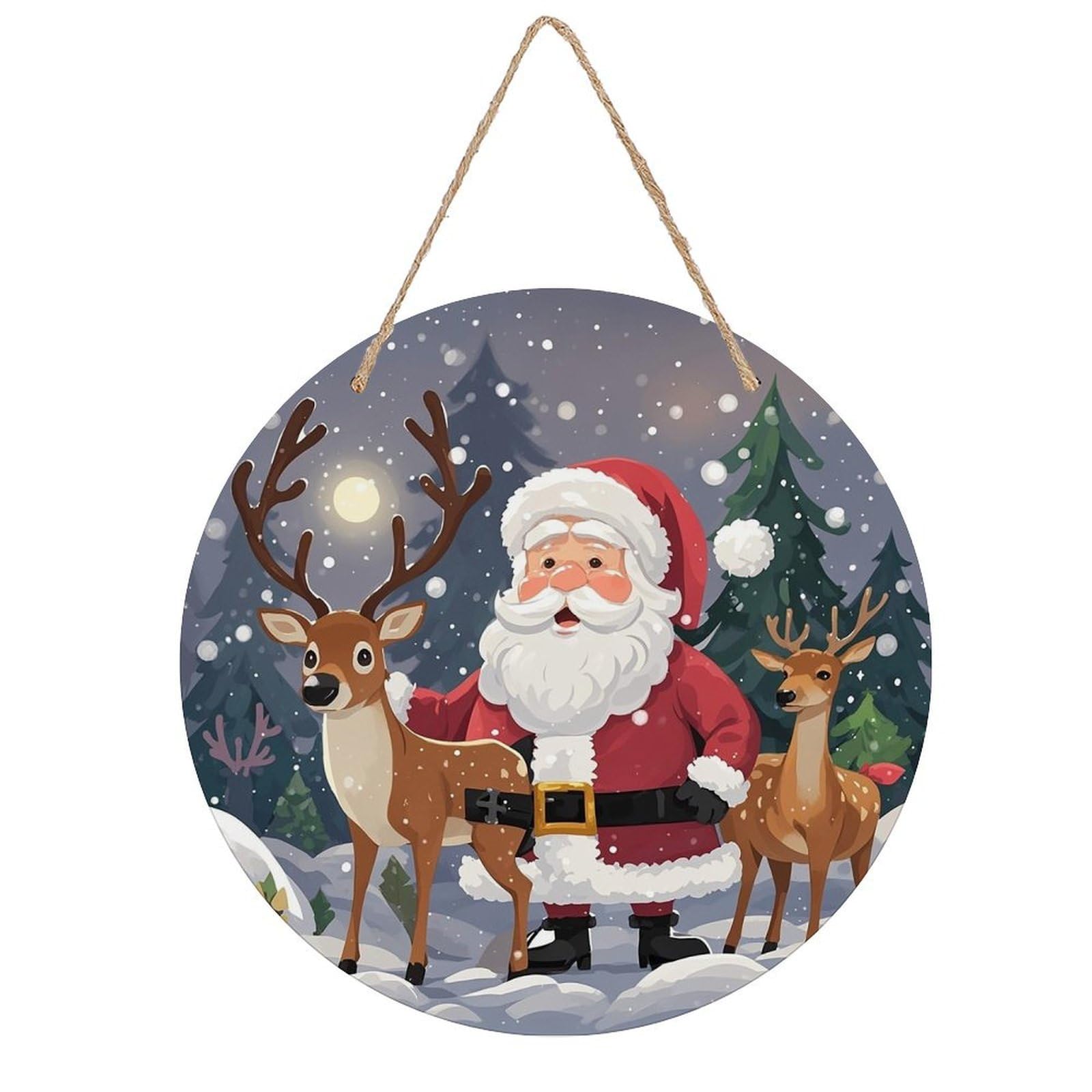 FekiLoot Round Santa Claus And Deer Elk Wall Art Decor Painting Wooden Hanging Sign with Ropes Bohemian Wall Hanging Retro Mid Century Modern Wall Art for Home Bedroom Living Room 7.9x7.9 in