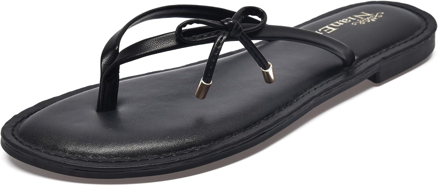 NianEr Womens Microfiber Leather Comfort Foam Bow Dress Dressy Comfortable Comfy Beach Pool Fashion Thong Sandals Summer Cute Flat Slip On Slides Bride Wedding Bridal Date Flip Flops Black Size 9