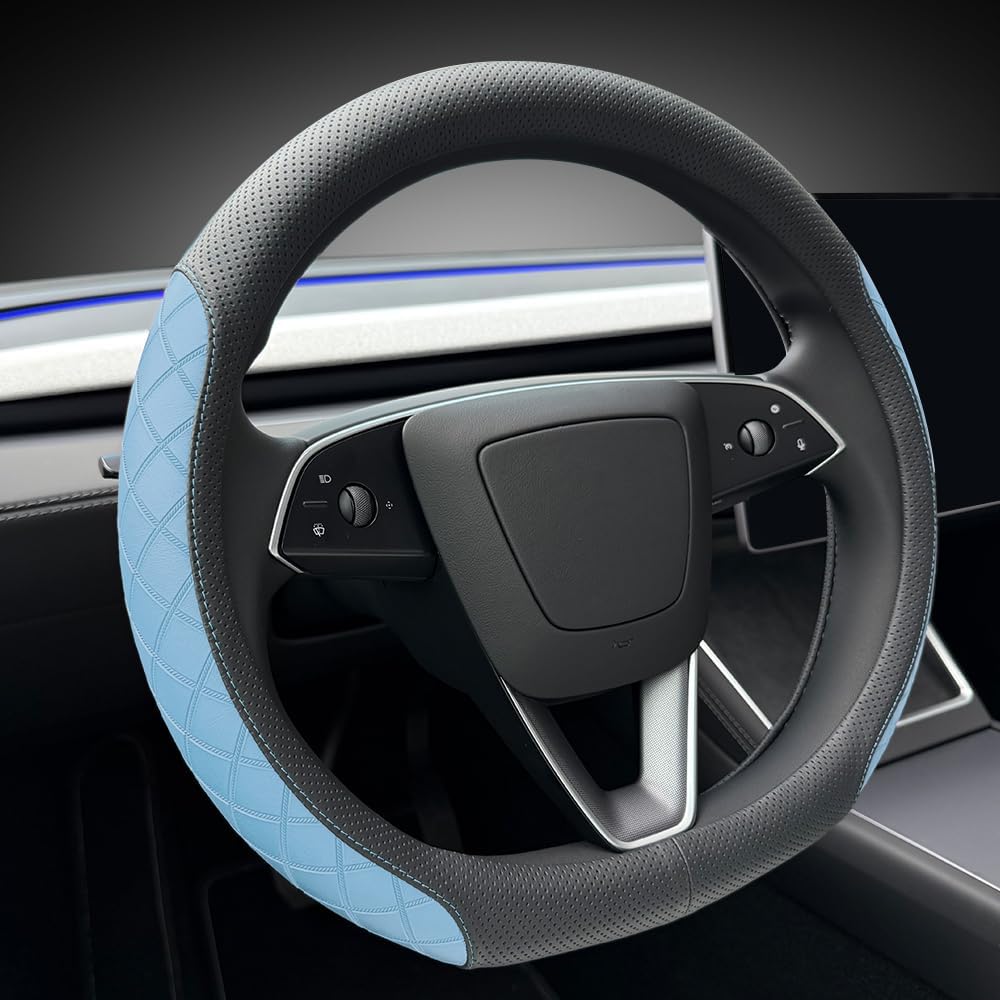 LKWLIKEI Leather Steering Wheel Cover. Elegant Diamond Checkered Design, Non-Slip and Breathable, for Tesla Model 3/Y Steering Wheel Protector,Black Blue