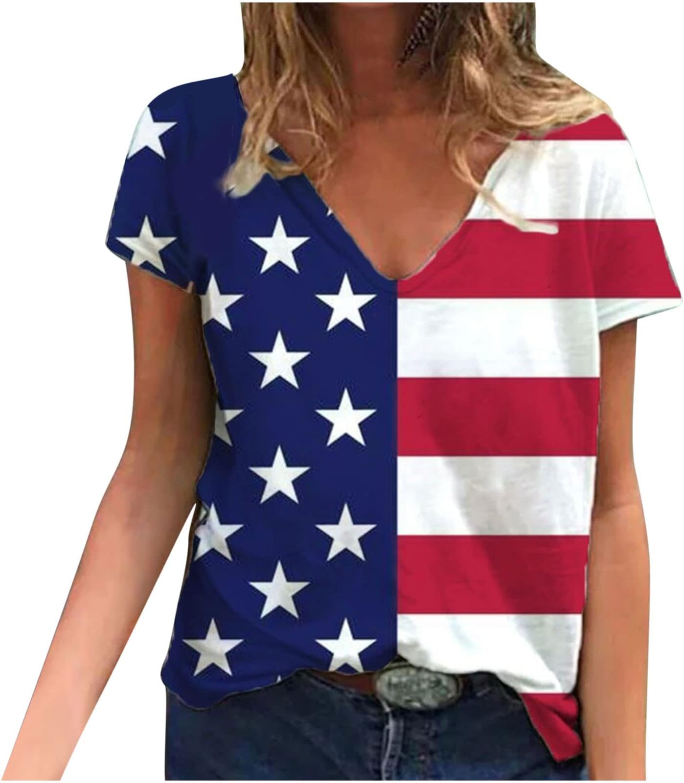 AMhomelyIndependence Day T-Shirt Summer Womens Short Sleeve Tops V Neck Casual T Shirts Blouse Loose Tunic Basic Tees Tops American Flag Shirt USA 4th of July Stars Stripes Short Sleeve Tee Tops