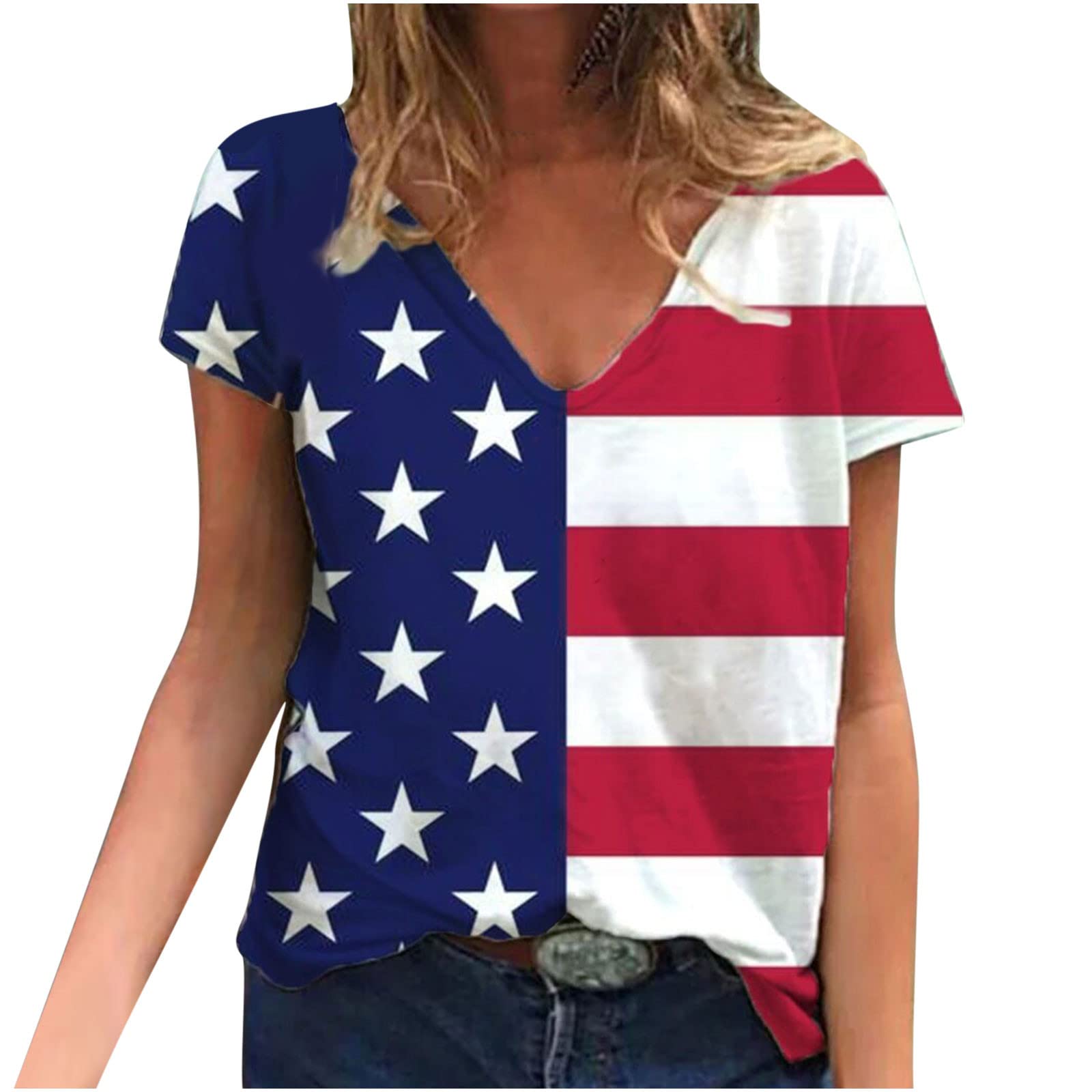 AMhomelyIndependence Day T-Shirt Summer Womens Short Sleeve Tops V Neck Casual T Shirts Blouse Loose Tunic Basic Tees Tops American Flag Shirt USA 4th of July Stars Stripes Short Sleeve Tee Tops