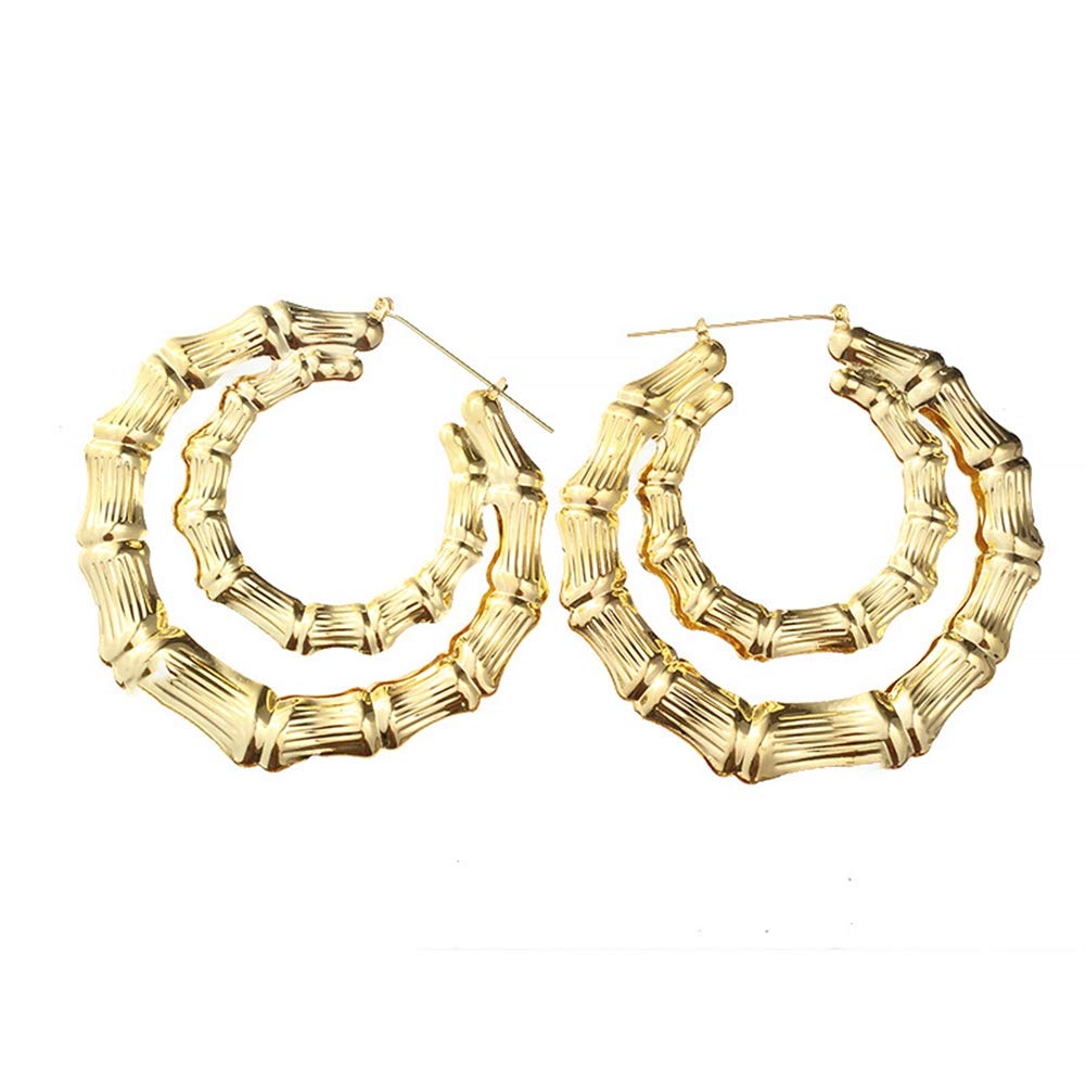 1 Pairs Large Bamboo Hoop Earrings for Women Gold Round Oversized Jewelry