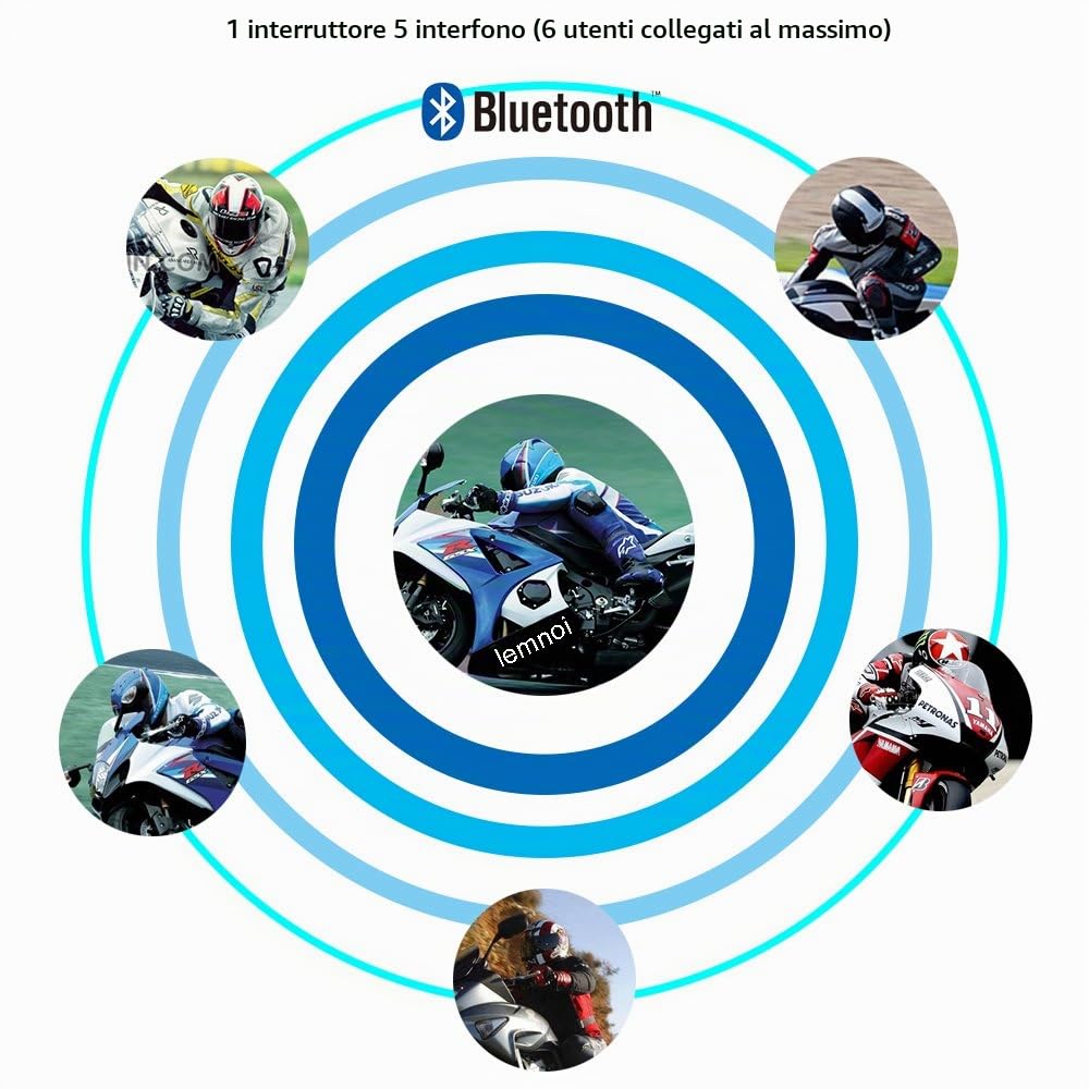 LEMNOI V6 Pro Interfono Casco Bluetooth per Moto, Compatibilità Navigatore e MP3, Scocca Impermeabile, Massimo 6 Piloti in un Raggio di 1200m, Interfono con Cuffia e Microfono (1xV6 pro)