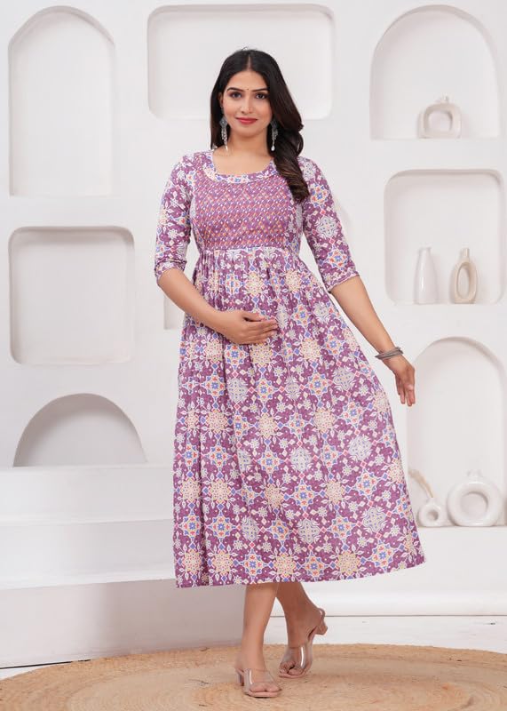 Image of JAIPURFAME Maternity Feeding Kurti with Zipper | Cotton Floral Printed Pregnancy & Nursing Dress | Comfortable & Stylish Maternity Wear for Women | Breastfeeding Kurta with Zipper | Soft & Elegant