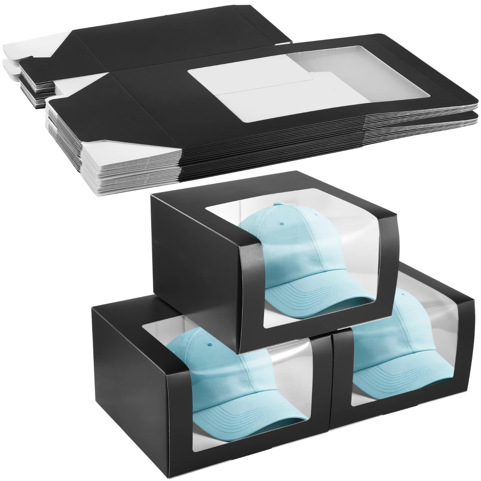 12 Stück schwarze Geschenkboxen für Hüte, dekorative Aufbewahrungsbehälter mit transparentem Display, stabile Hutboxen für Baseballmützen, Papa-Hüte, Faltgröße 7,9 × 7,9 × 4,7