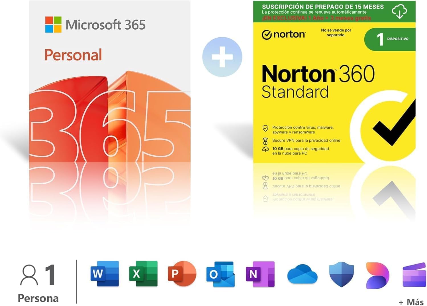Microsoft 365 Personal │ 12 meses │ 1 persona │ Apps Office con IA + Norton 360 Standard│1 Dispositivo│15 meses│ Suscripción con renovación automática