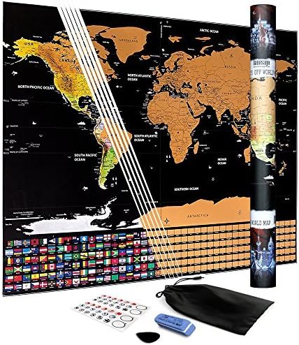 Scratch Off World Map Poster | Travel Tracker Map | With Country Flags | Amazing Travels Gift | Includes Scratcher and Memory Stickers