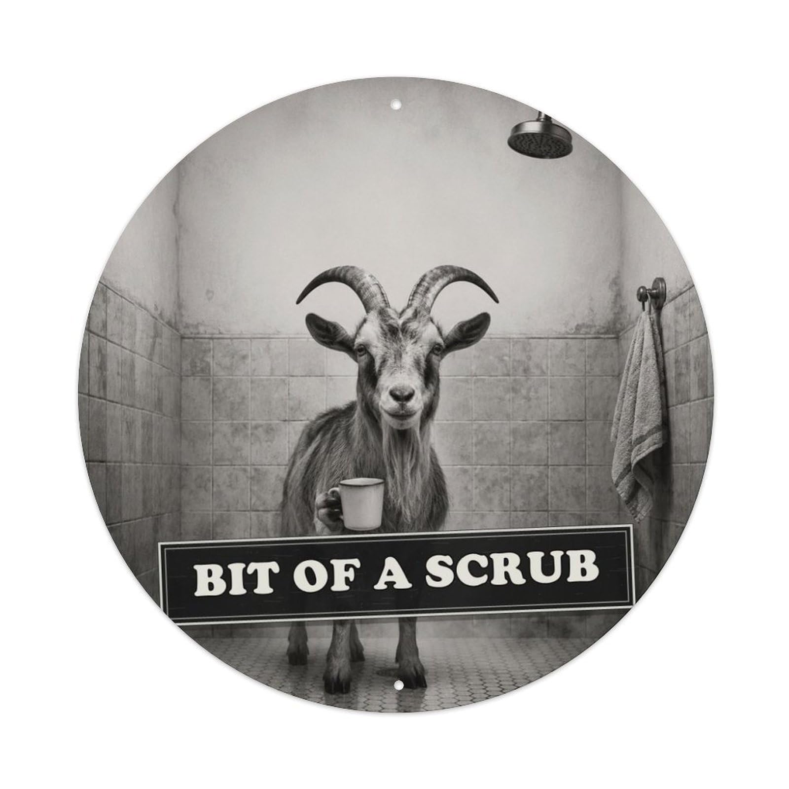 Farm Animal Goat Shower Anthropomorphic Social Satire Fable Metal Tin Sign Plaque Wall Decor for Cafe, Man Cave, Club Bar, Office, Home Garden Round Metal Poster 8x8Inch