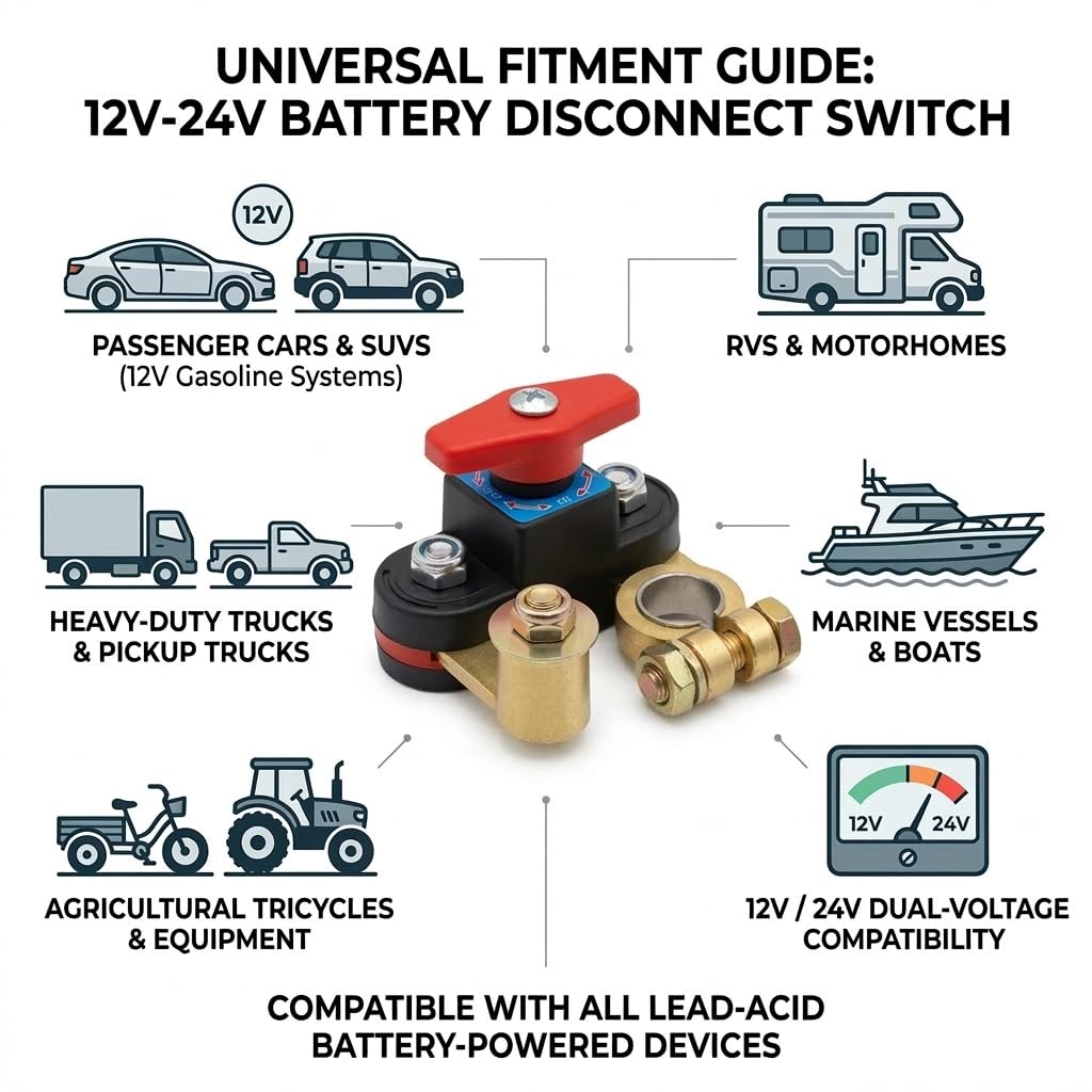 Battery Disconnect Switch 12V/24V Heavy Duty, Multi-Angle Rotating Battery Circuit Breaker, Copper Terminal Battery On Off Kill Switch, Universal Shut Off On/Off Power Isolator for Car Boat RV ATV‌