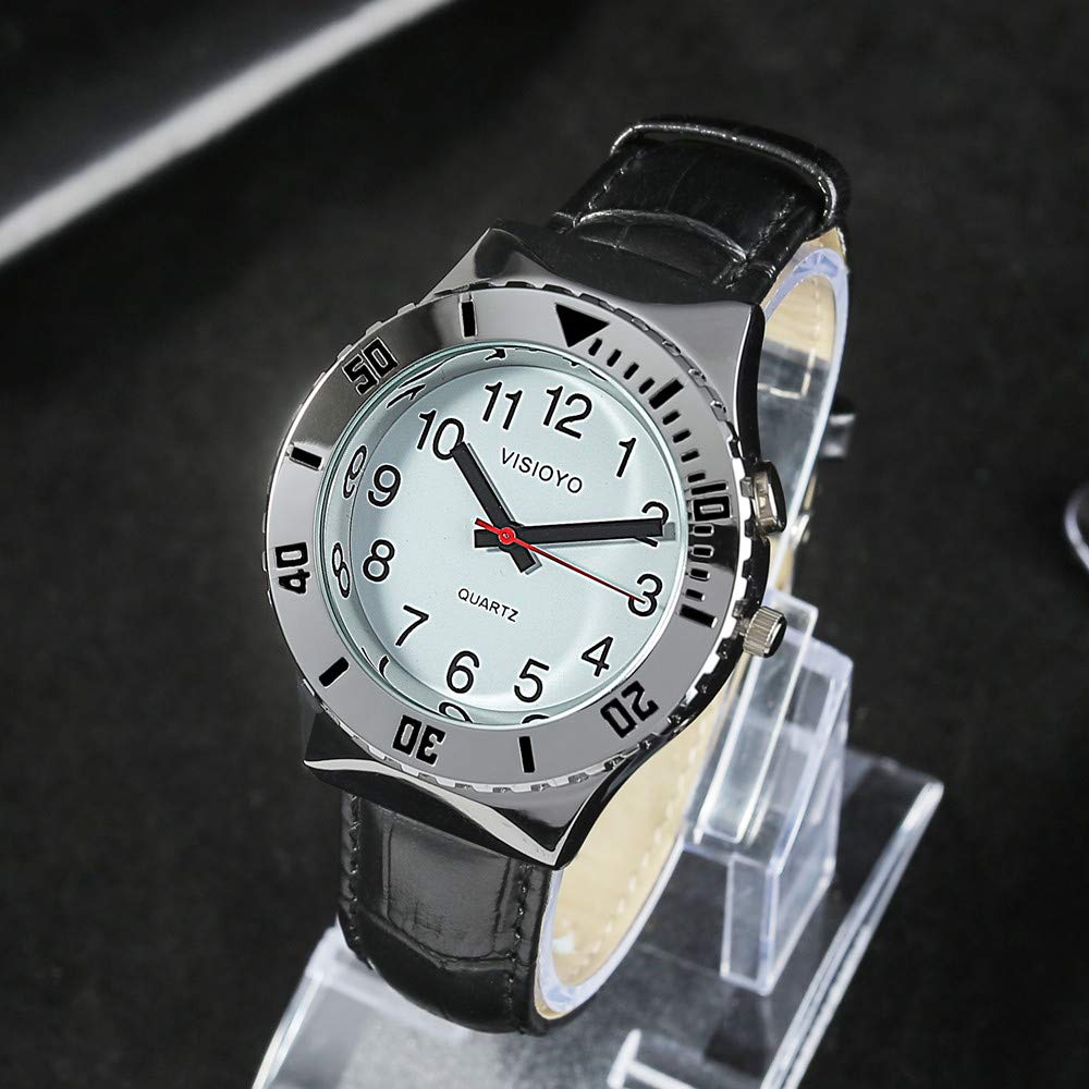 Reloj parlante analógico con alarma, anuncio de hora y fecha en francés para ciegas y personas con discapacidad visual, correa de piel negra TFBW-1601F, Clásico