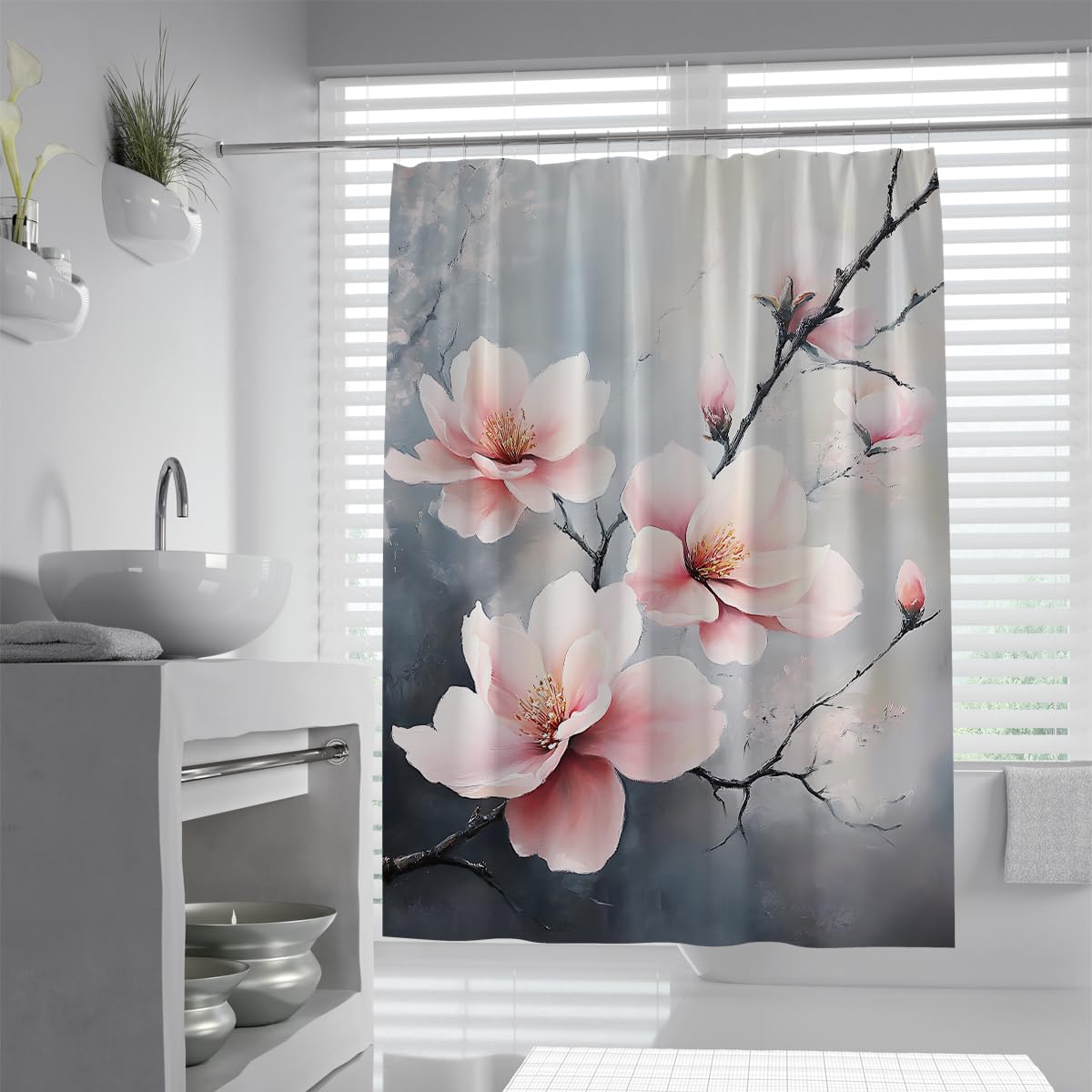 UIRINGART Luxury Chinese Magnolia Shower Curtain W180xL220cm Pastel Pink Blossom Black Branch Anti Mould Mildew Resistant Bath Curtains With Hooks
