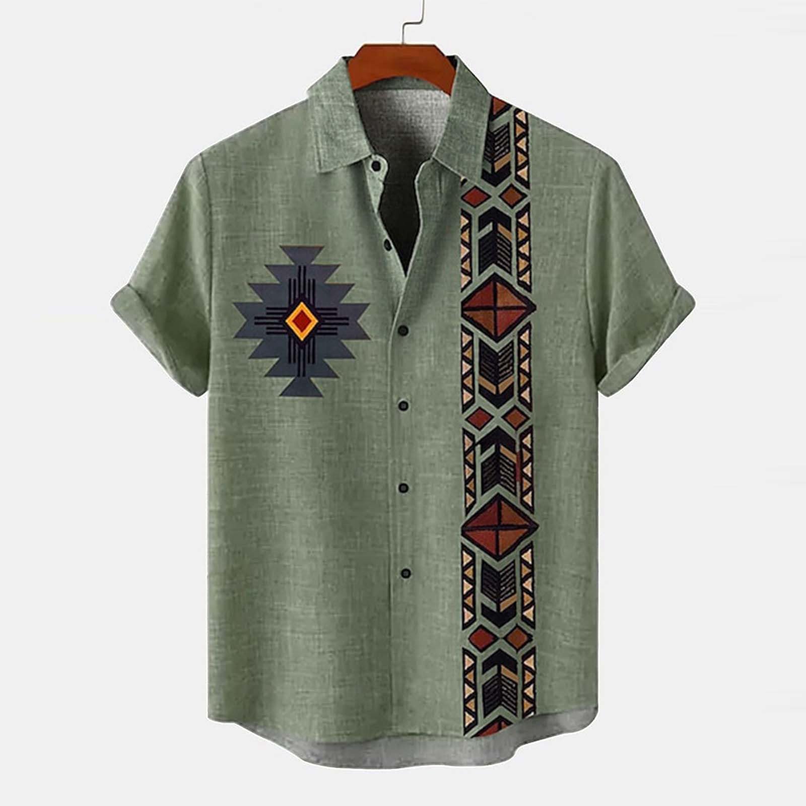 Chemise en lin pour homme - Dashiki africain - Rétro tribaux - Imprimé - Manches courtes - Chemise décontractée funky Hawaï - Chemise d'été boutonnée - Chemise d'été respirante à manches courtes