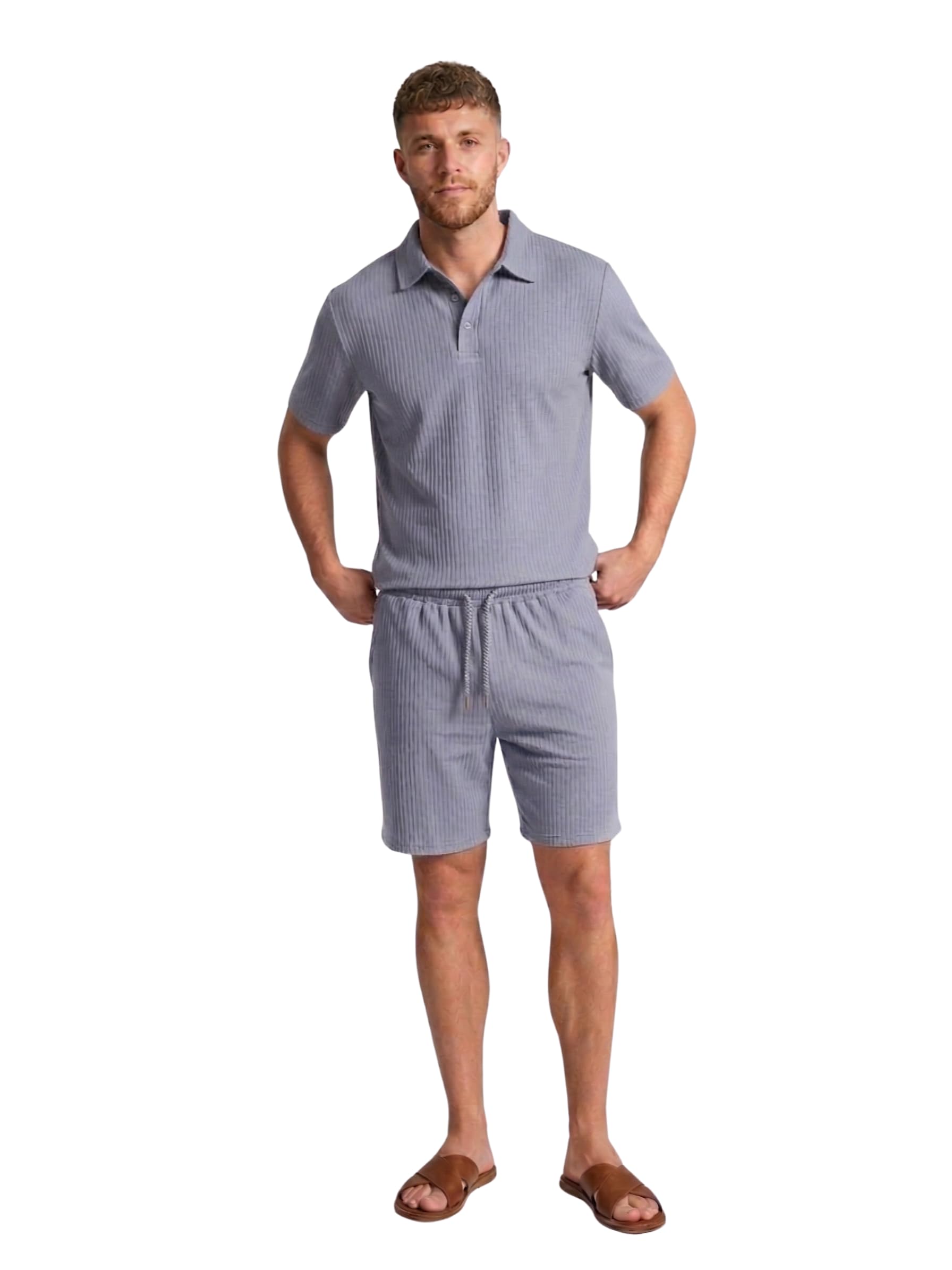 Men’s Textured Co-ord Set – Relaxed Fit Button-Down Shirt & Drawstring Shorts | Lightweight Summer Loungewear & Beachwear Suit-image-20