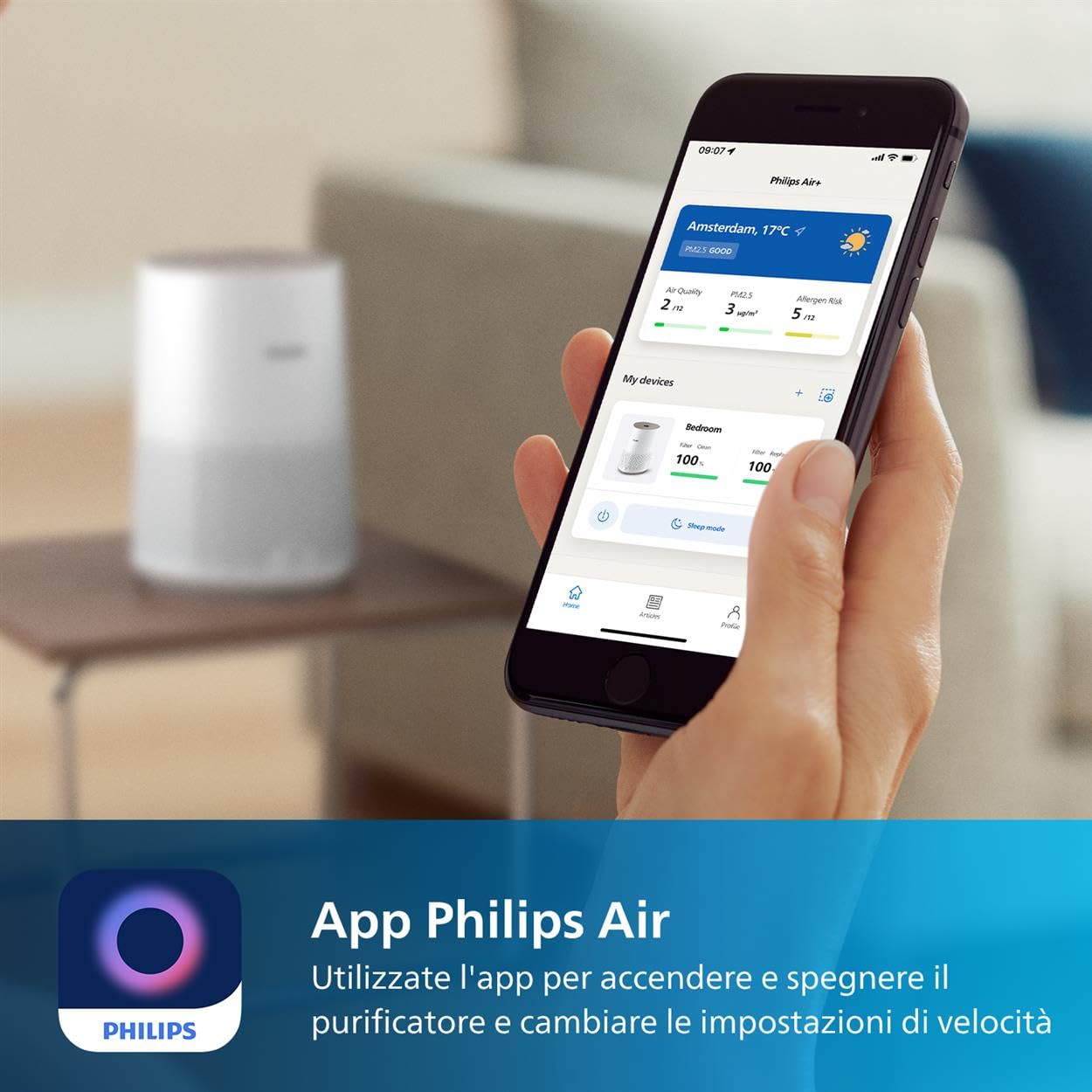 Philips Purificatore d'Aria Serie 600, Ultra Silenzioso ed Efficiente, HEPA Rimuove 99,97% Inquinanti, Ideale per Allergie, Fino a 44m², Controllo App, Bianco (AC0650/10)