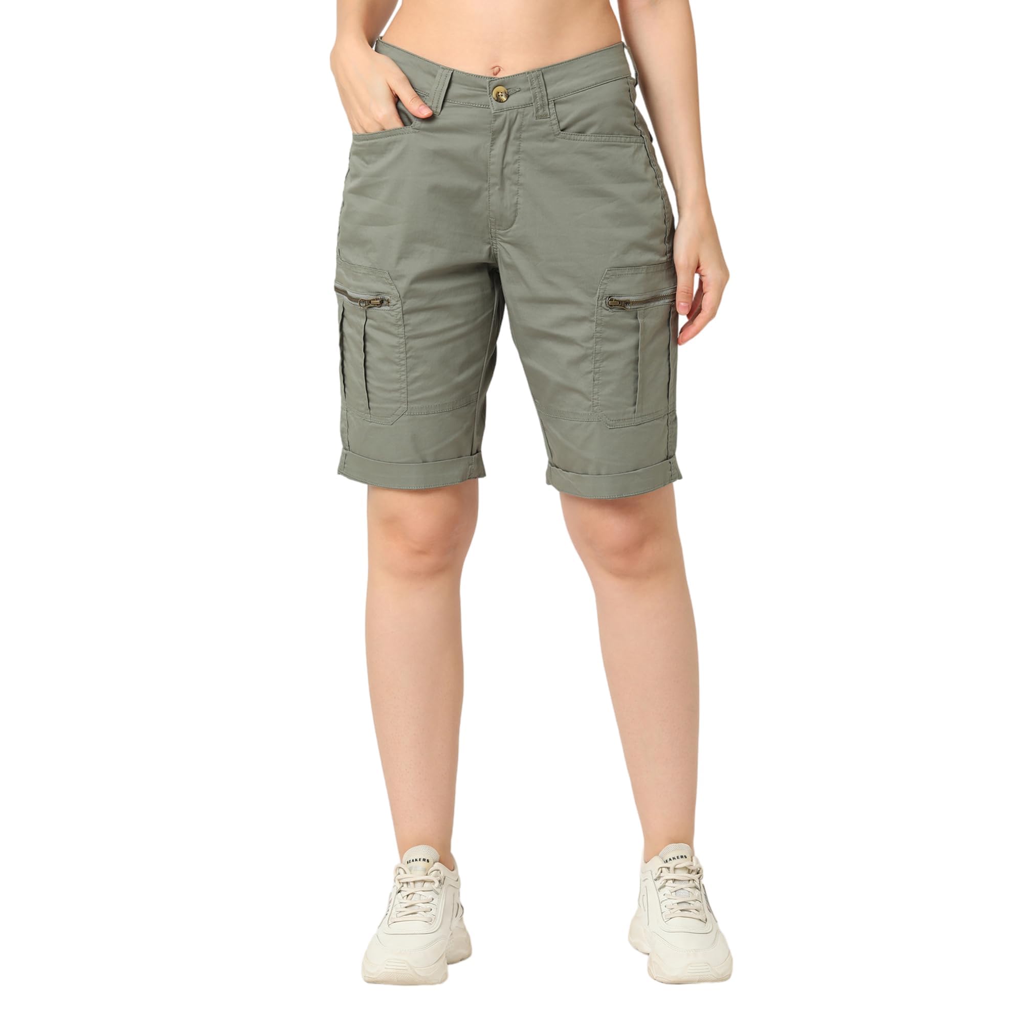 Women Stretchable Mid Rise Slim Fit Washed Cargo Shorts-image-8