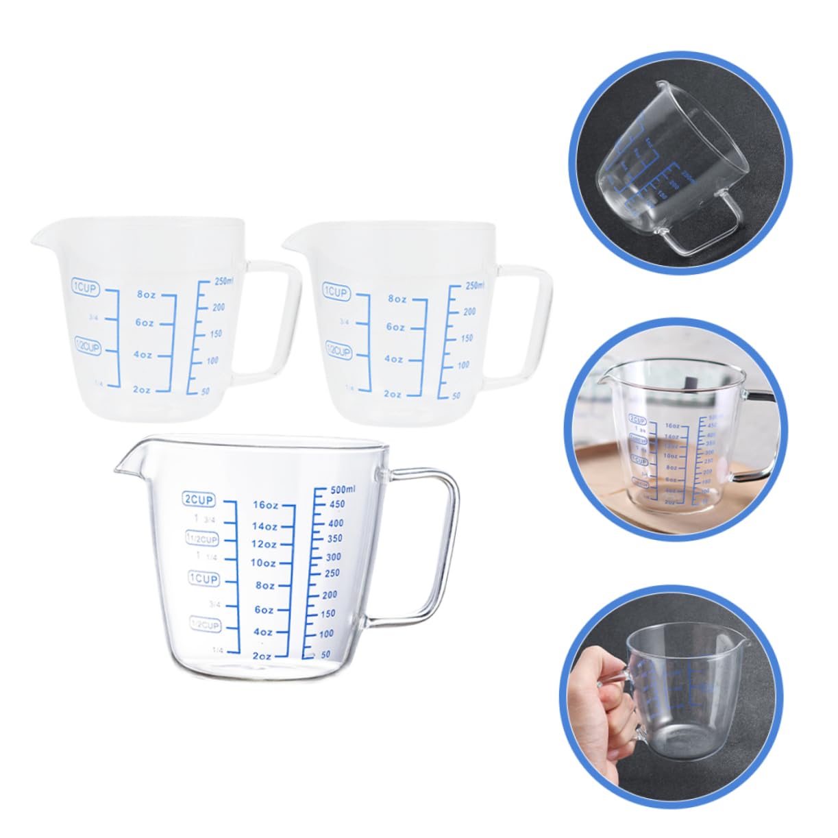 3 Stück Glas Messbecher mit Henkel 250ml und 500ml