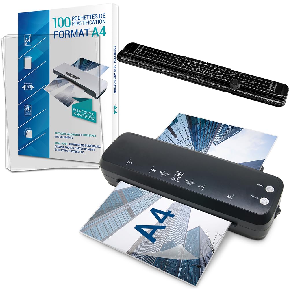 Pack Plastifieuse A4 Waytex + 100 pochettes 150 microns + 1 rogneuse A4 – Chaud/Froid, chauffe rapide, formats A4/A5/A6, vitesse 25 cm/min, levier anti bourrage