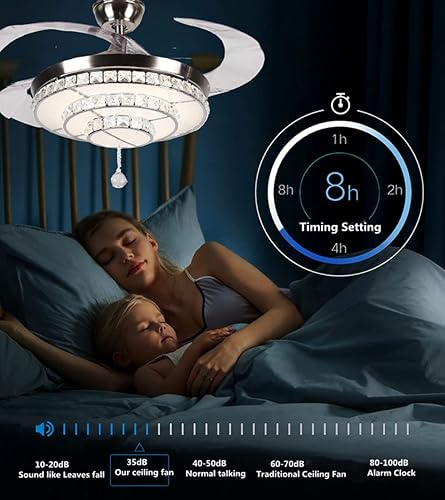 Miniatura 8 de Ventilador de techo de cristal de 42 pulgadas con luces, retroceso cromado moderno, control remoto, 3 velocidades, ventilador de techo sin ruido