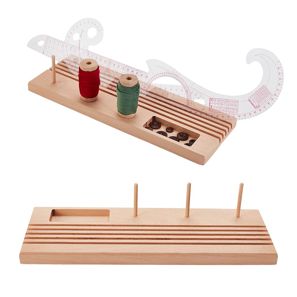 OLYCRAFT Wooden Ruler Rack Quilting Ruler Holder Wooden Quilting Grid Rulers Holder Template Organizer Stand Rack with 5 Slots and 3 Sticks for Rulers Spools Needles Buttons - 36x13cm/14x5