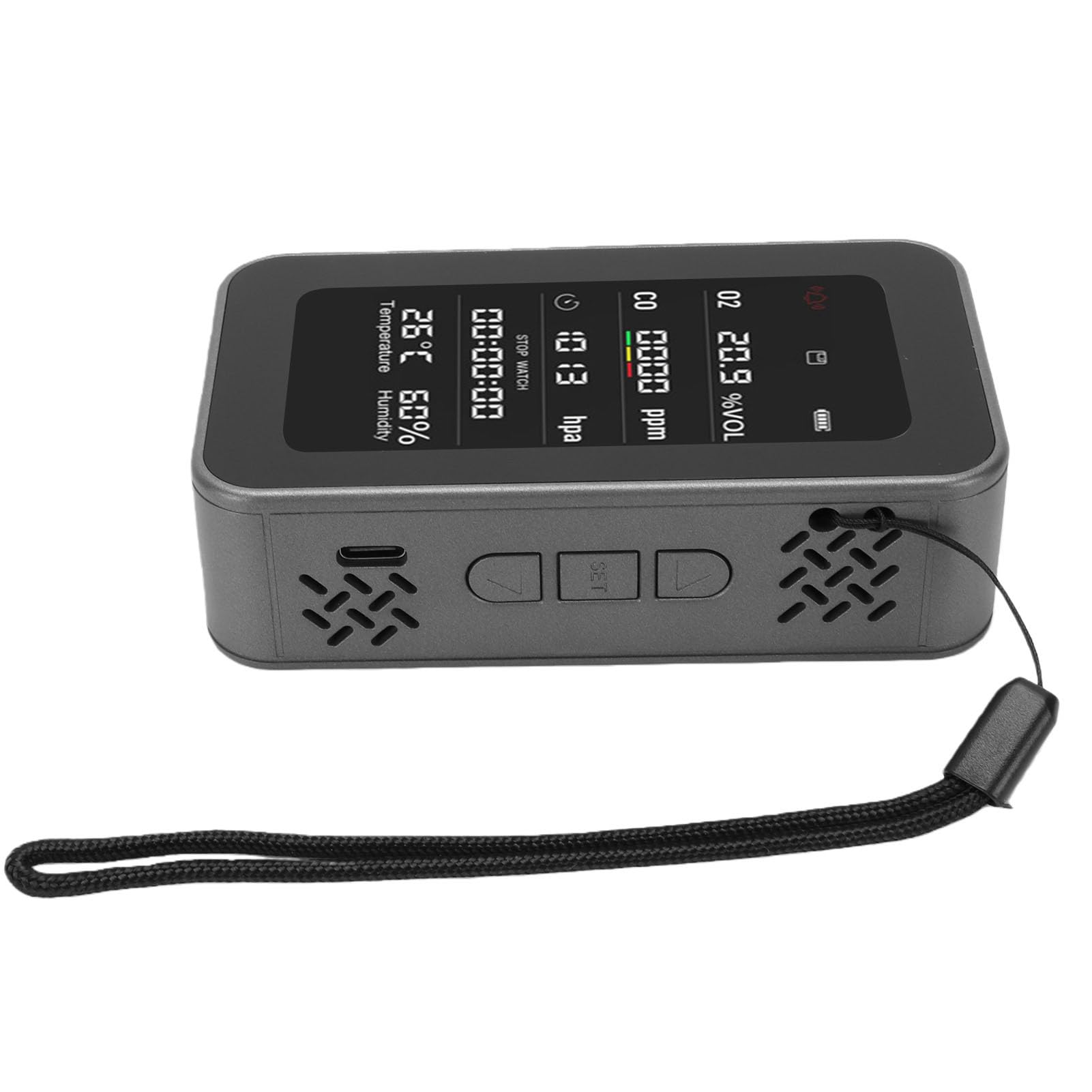 Annadue Detector Portátil de Calidad del Aire con Linterna de Emergencia, | Probador de oxígeno, presión de aire, temperatura y humedad, recargable de 3000mAh, con registro de datos para acampar,