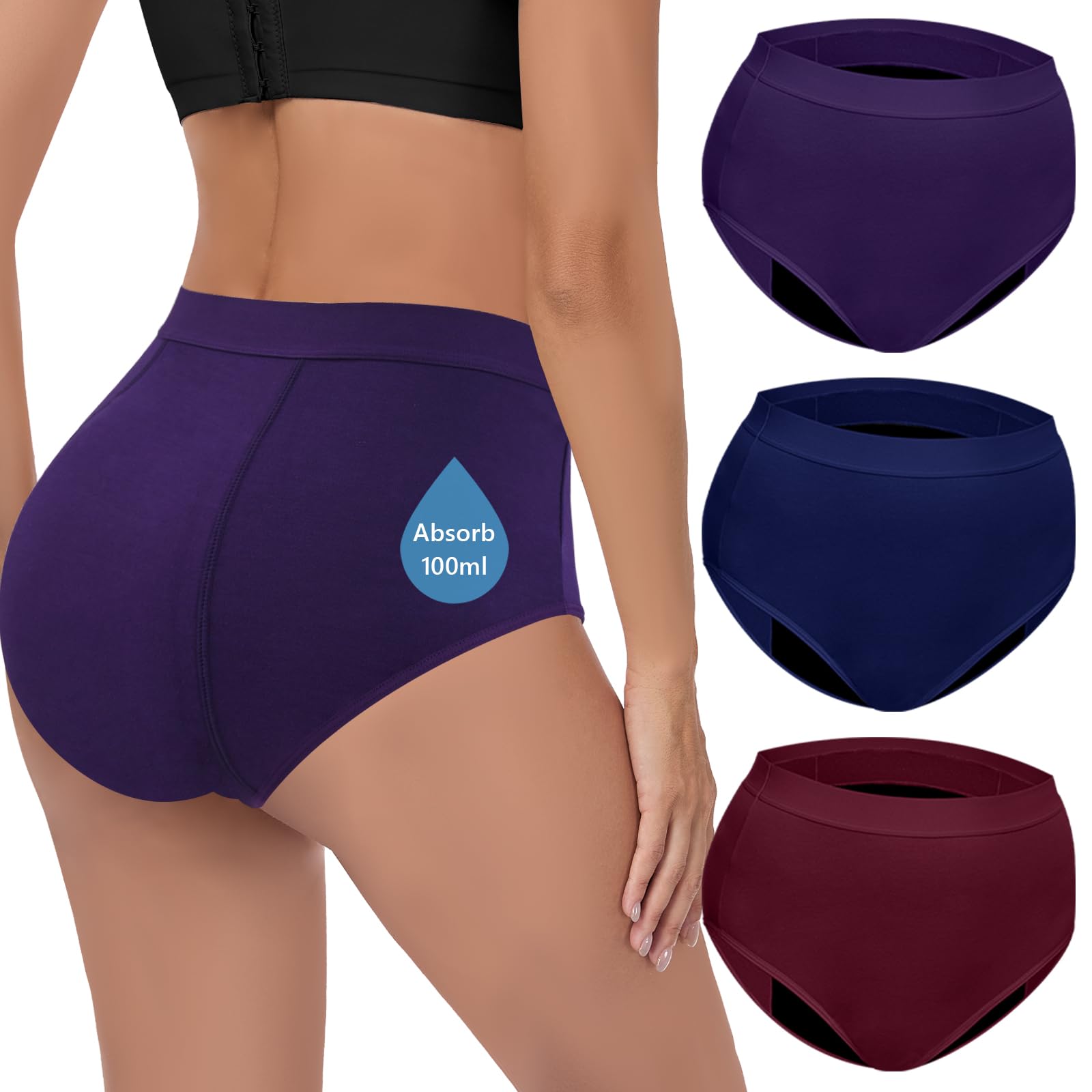 Inkontinenzunterwäsche für Damen, Saugfähigkeit 100 ml, auslaufsicher und waschbar Inkontinenz-Slip Periodenunterwäsche, Hoch taillierte Menstruationsslips für Nacht und aktive Nutzung,3er-Pack