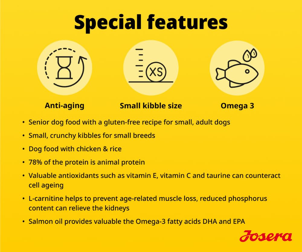 JOSERA Mini Senior (3 x 3 kg) | Premium Trockenfutter für ausgewachsene ältere Hunde Kleiner Rassen | Huhn & Reis | Anti-Aging & Nierenentlastung | Extrakleine Kroketten | glutenfrei | 3er Pack