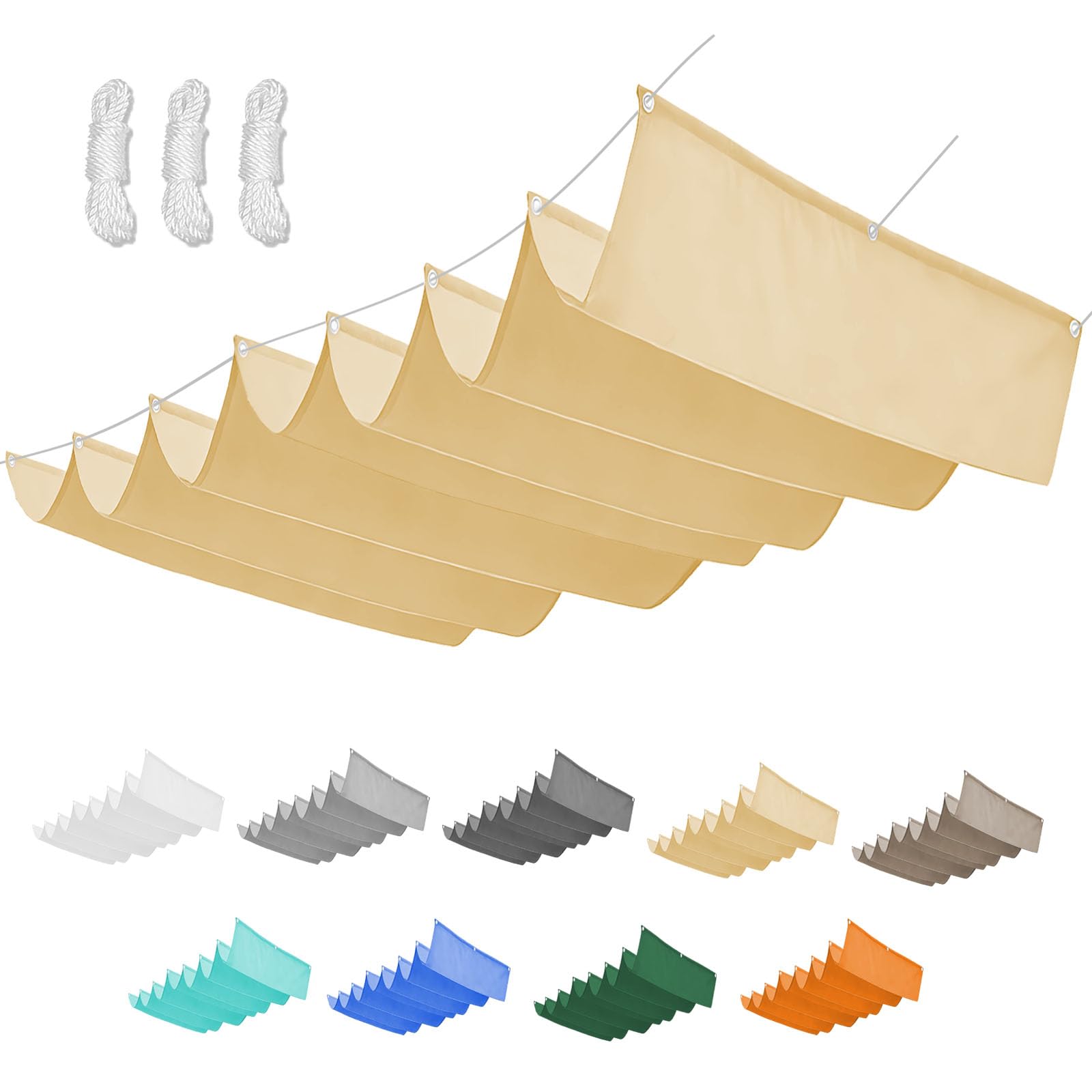Retractable Wave Shade Cloth, Waterproof Rectangle Sun Shade Sail Garden Sunscreen Awning Canopy with Rope for Outdoor Patios Garden Backyard-Beige||350x600cm