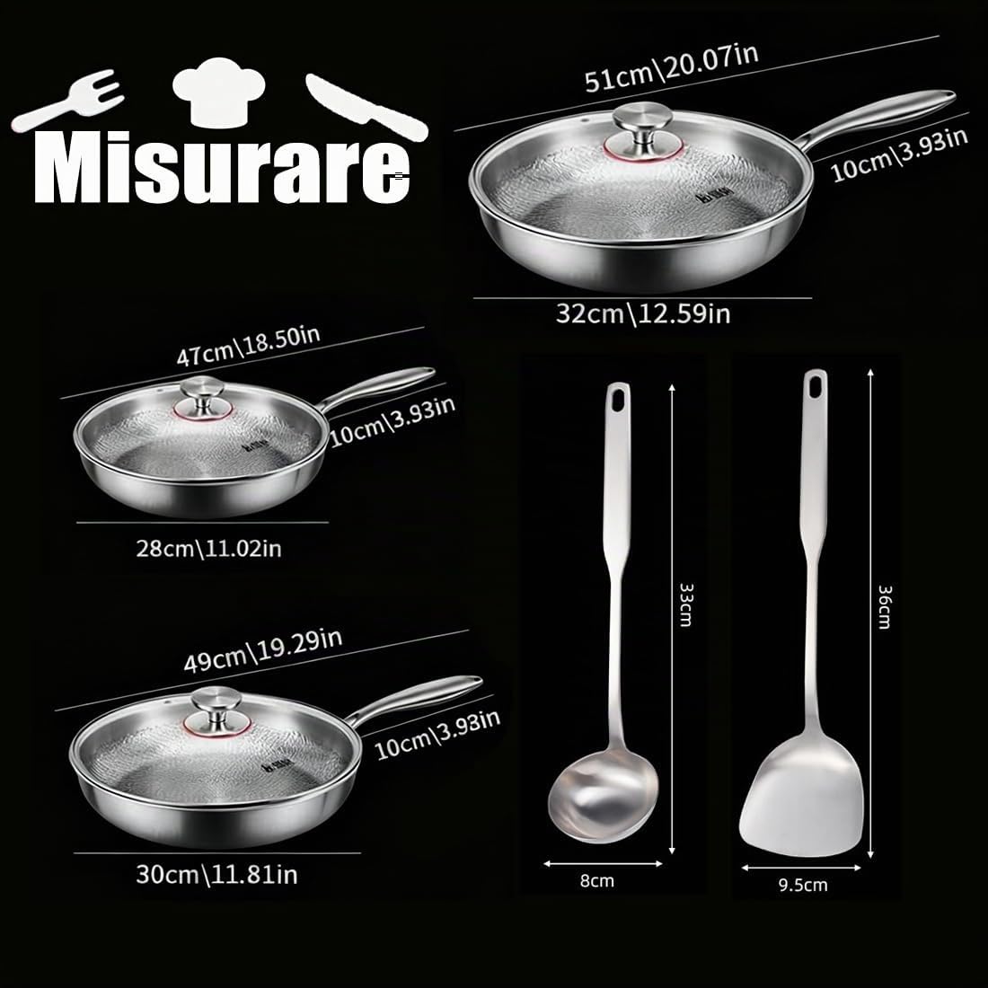 Padella Titanio Puro, Padella Titanio y Set di Spatole in Lega di TitanioOpzionalem, Antigraffio, Compatibile con Tutti i Piani Cottura (28cm-con coperchio)