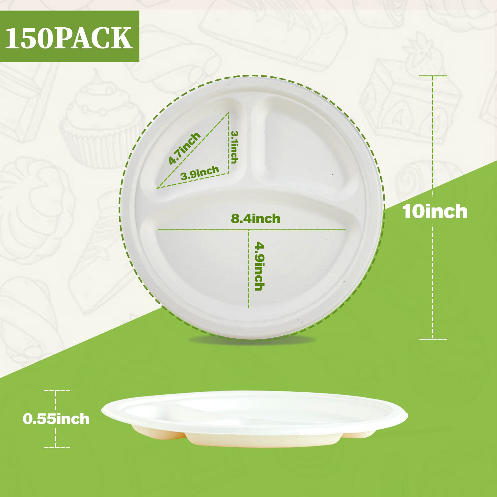 ECOLipak Kompostierbare Einweg-Pappteller mit 3 Fächern, 25,4 cm, Weiß | 150 Stück, robuste Einweg-Pappteller aus Zuckerrohr, Bagasse, biologisch abbaubar, für Party, Abendessen