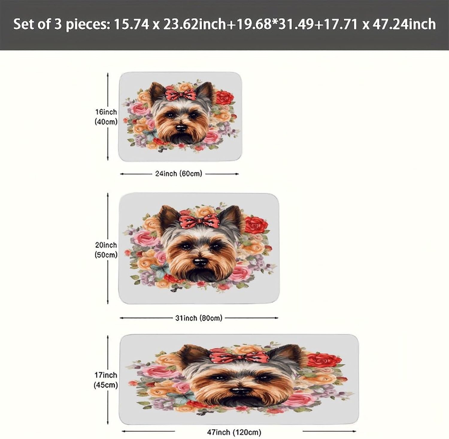 Yorkie Floral Kitchen Rugs Sets of 3 Non Slip Kitchen Mat for Floor Comfort Standing Rug and Mats Thick Cushioned Long Area Carpets for Laundry Room Entryway