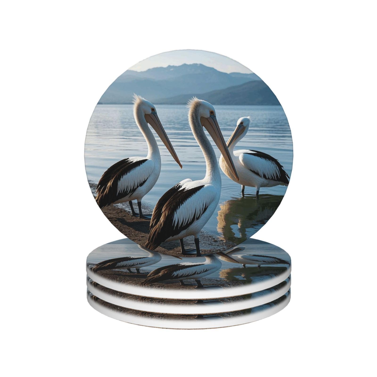 Drink Coasters Set of 4 Coffee Ceramic Coaster Three Pelicans Coasters for Drinks Coffee Cup Mat Heat Resistant Tabletop Protection Coaster Desk Accessorie Home Decorative