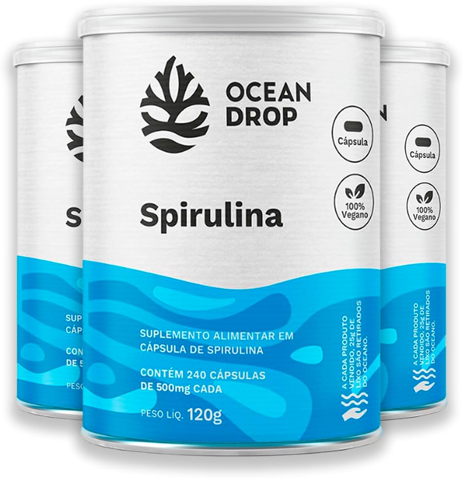 Kit 3 Spirulina Vegana Ocean Drop 240 Cápsulas