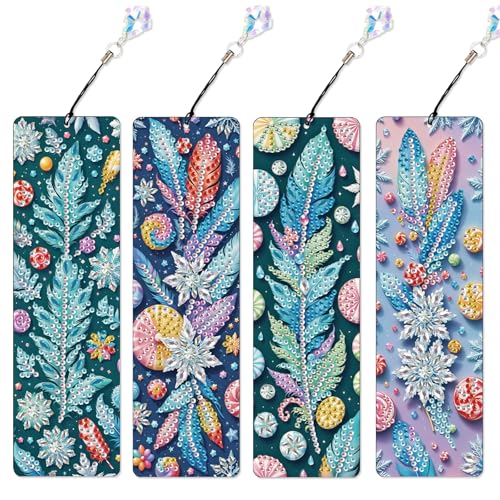 Image of 4 Pcs DIY 5D Diamond Painting Bookmark Kits, Special Shaped Acrylic Crystal Rhinestones Book Marks, Feather Diamond Art Bookmarks Crafts with Crystal Pendant, Handmade Tassel Bookmarks Gift Set