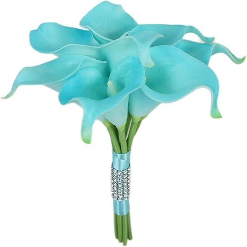 Ramos de flores artificiales de lirio de cala de 8 tallos (turquesa con cinta)