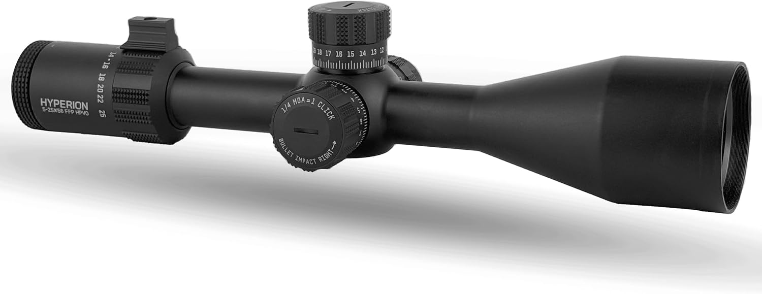 Hyperion 5-25x First Focal Plane High Power Variable Scope with SecureLock Locking Turrets, Side Parallax, Illuminated Reticle, FFP-MOA | MOA Reticle | Rings NOT Included