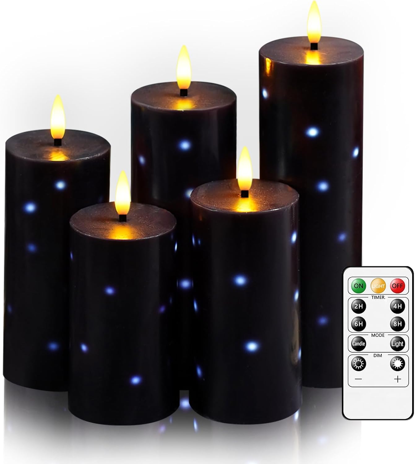 Nimiko Flickering Flameless Candles with Remote Control and Timer Set of 5 Pc Real Wax LED Pillar Candles, Battery Operated Candles（D2.2×H5/5.5"/6"/7"/8"） Halloween Decorations Home Decor （Black）