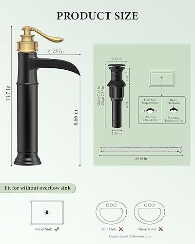 Miniatura 6 de Homevacious Grifo de lavabo de recipiente negro y dorado, grifo de baño de cascada de un solo agujero, grifo de lavabo de cuerpo alto con drenaje