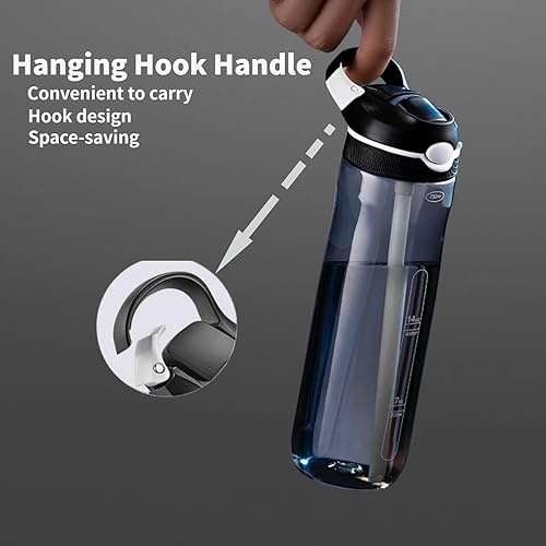 Miniatura 5 de Botella de agua deportiva Tritan negra de 25 onzas con asa de clip, tapa de bloqueo, popote - Botella de plástico de viaje